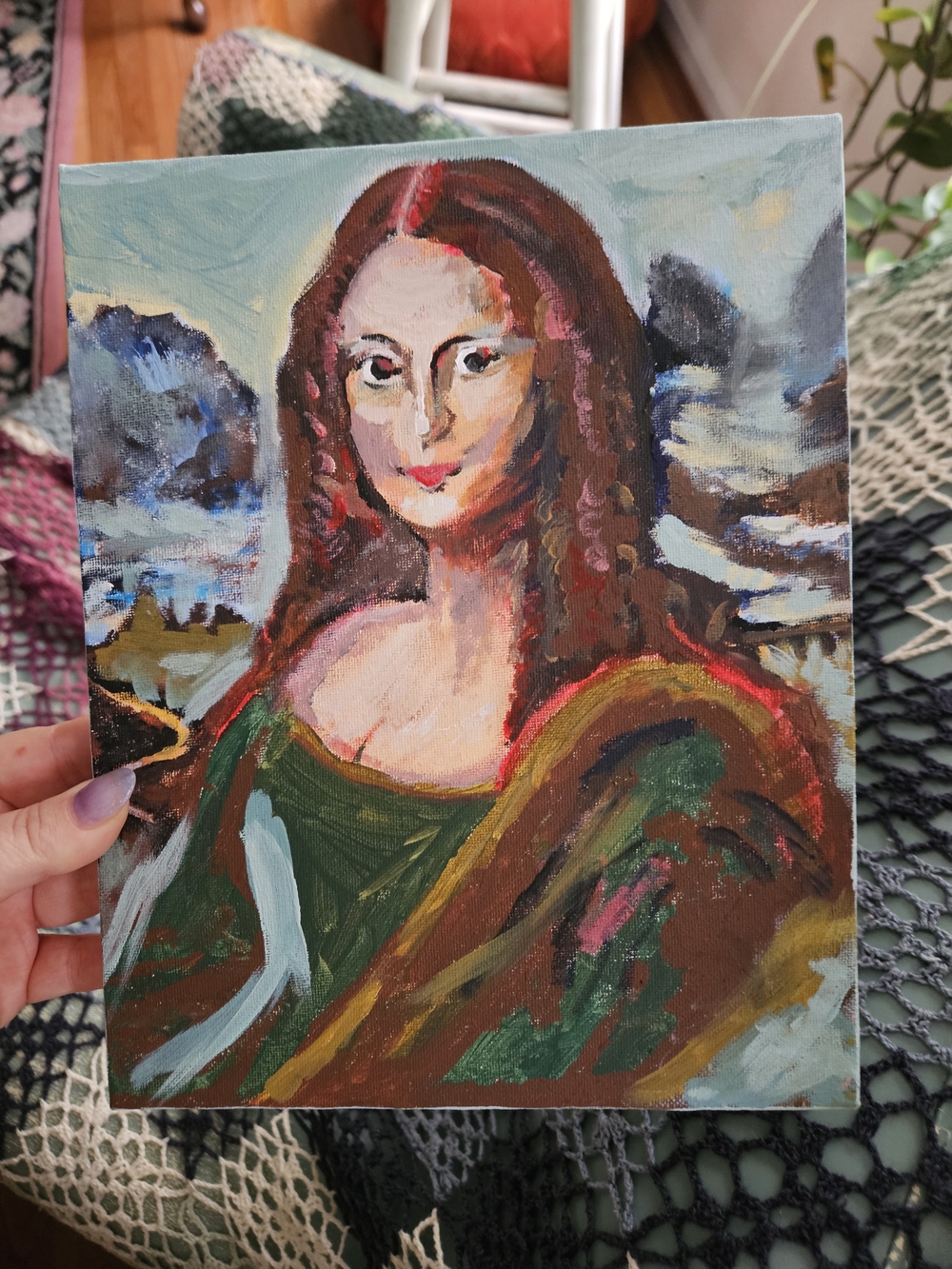 Acryllic Mona Lisa Style 101Portrait Painting in Green & Red